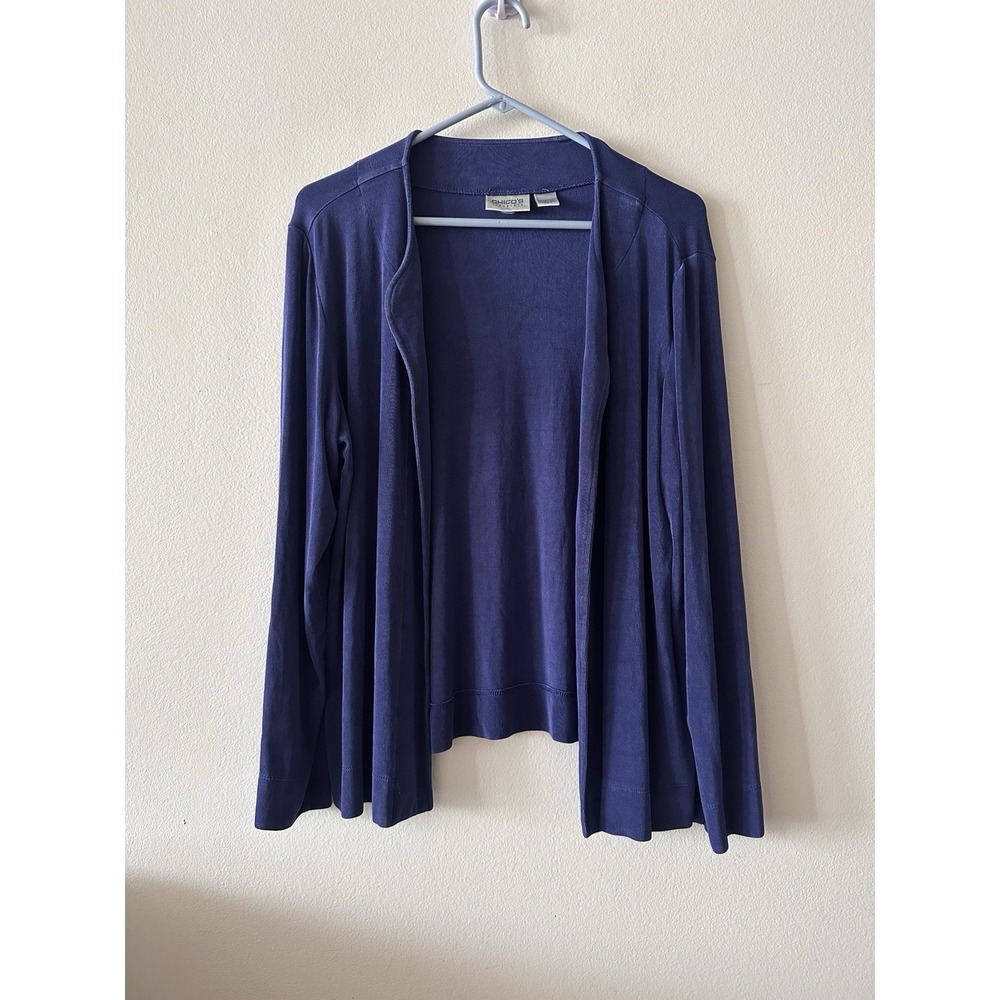 CHICO'S TRAVELERS Women's Acetate Slinky Knit Open Cardigan Blue Size 3 L XL